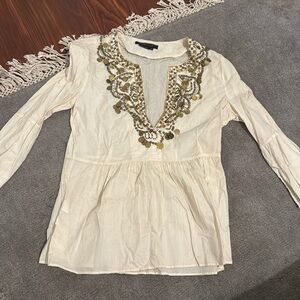 BCBGMaxAzria Off White V Neck Tunic Top Metal Embellishments Size S